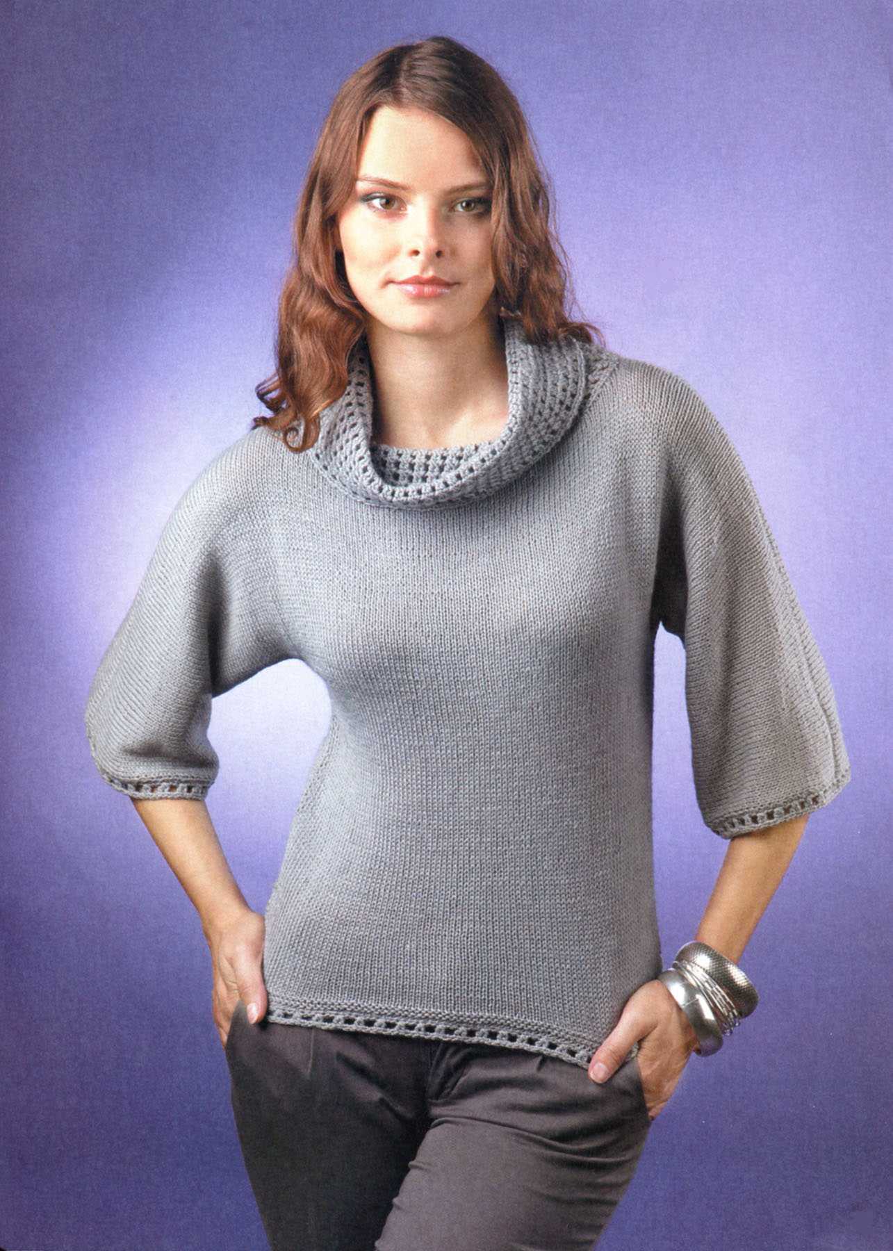 пуловер с ажурным воротником вязаный спицами и крючком