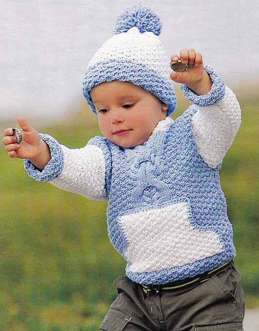 Вязаный спицами для ребёнка джемпер и шапочка