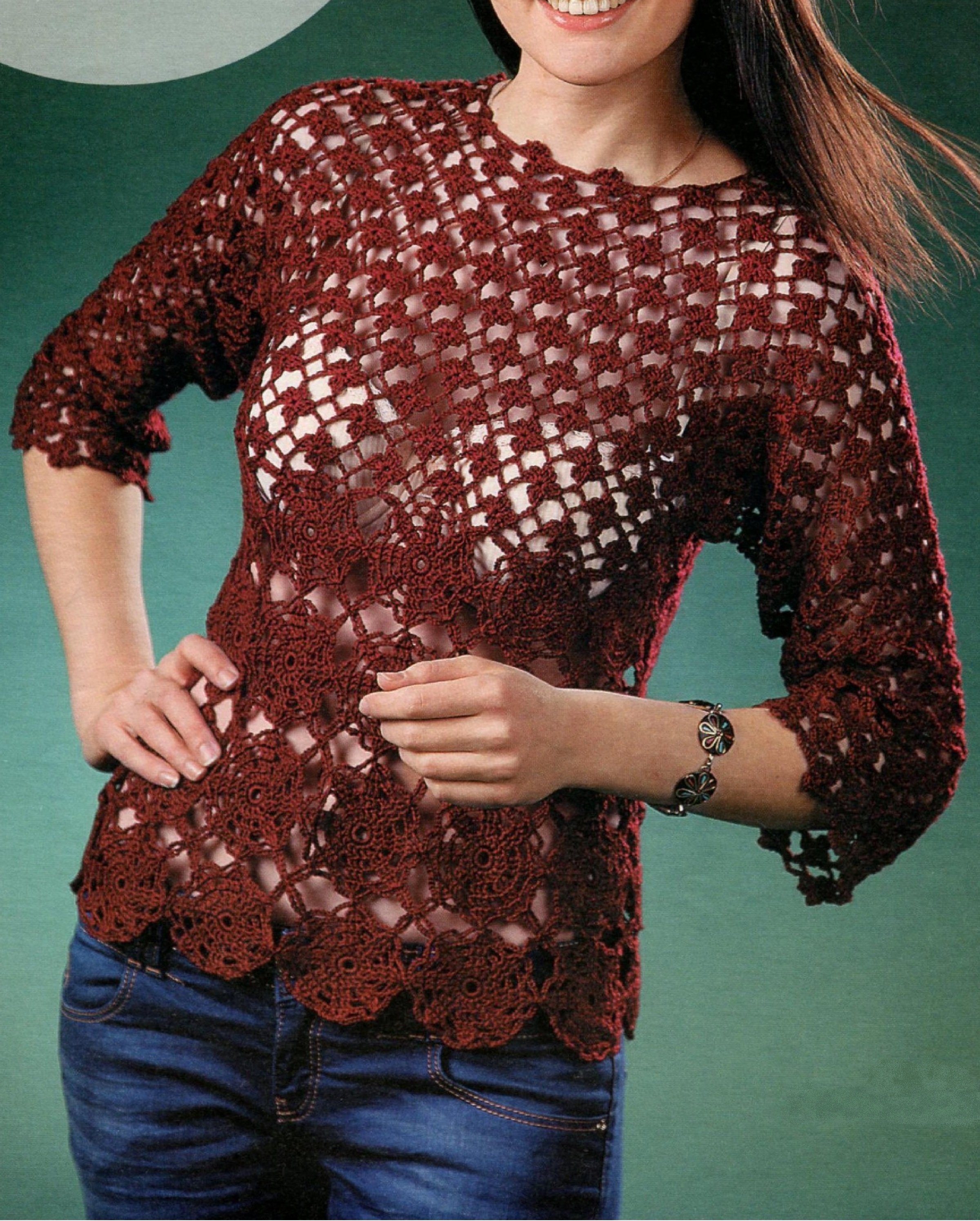 Бордовый ажурный пуловер крючком